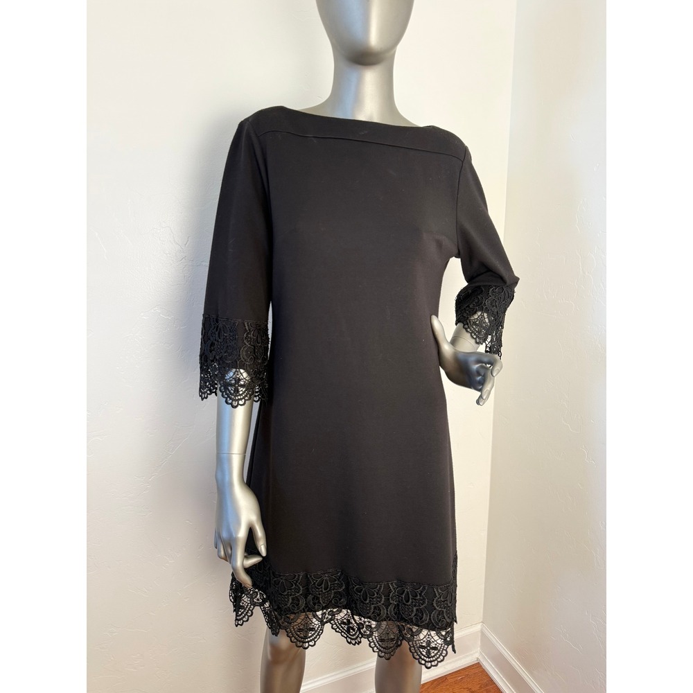 ECI Ponte Sheath Dress‎ Black Lace Crochet 3/4 Sleeve 10